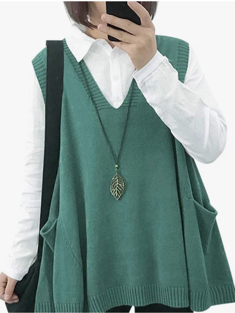 Forest Green V-Neck Knit Vest with Pockets